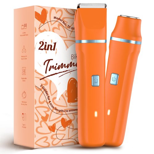 Facial Hair Removal for Women - Waterproof 2 in1 Rechargeable Eyebrow Facial Trimmer and Bikini Trimmer for Women, Painless Face Electric Razor/Shaver for Lip, Arms, Face, Peach Fuzz