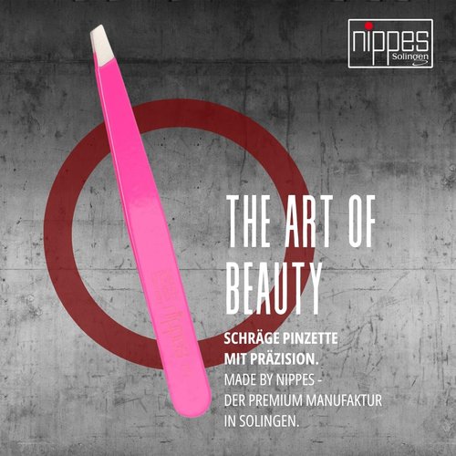nippes Solingen Tweezers with Oblique Tip, Pink, Stainless Steel, 9.5 cm Length, Eyebrow Plucking, Tweezers Pointed for Precise Hair Removal