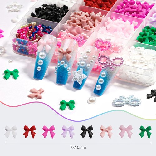 650+ Pcs 3D Nail Art Charms Kit with Flatback Pearls - 8 Colors Bow Charms, Star Moon Heart Jewels & 3-6mm Mixed Size Pearls for Professional Manicure Designs, Includes Dual-End Brush and Tweezers