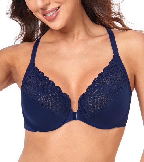 HACI Women's Front Closure Bra Underwire Unpadded T-Back Plus Size Lacy Full Coverage Racerback T-Shirt Unlined(Blue,34DD)
