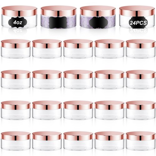 Dandat 24 Pcs 4 oz Plastic Jar Container with Lid and Label Refillable Empty Round Clear with Rose Gold PET Cosmetic Sample Containers for Lotion, Cream, Ointments, Body Butter, Makeup, Travel Storage