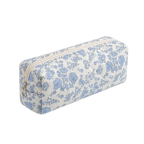 WHHJM Cute Floral Makeup Brush Bag Small Cotton Quilted Cosmetic Bag for Women Travel Toiletry Zipper Make Up Pouch (Blue Floral)