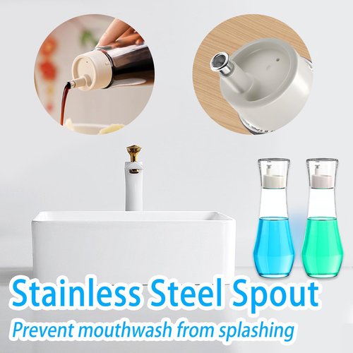wasungal 2 Pack Glass Mouthwash Dispenser for Bathroom, 9 OZ Refillable Mouth Wash Container with Lid Cup, Small Clear Refillable Mouthwash Bottle for Countertop (2 Pack)