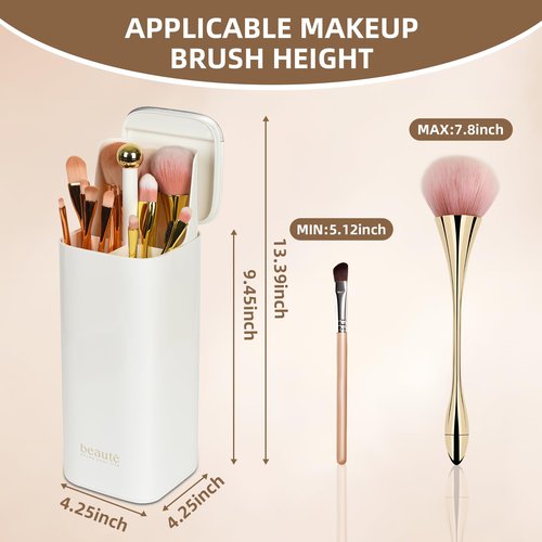 Makeup Brush Holder with Lid, Automatic Lifting Waterproof Dustproof Makeup Brushes Organizer for Vanity Desktop Bathroom Countertop(White)