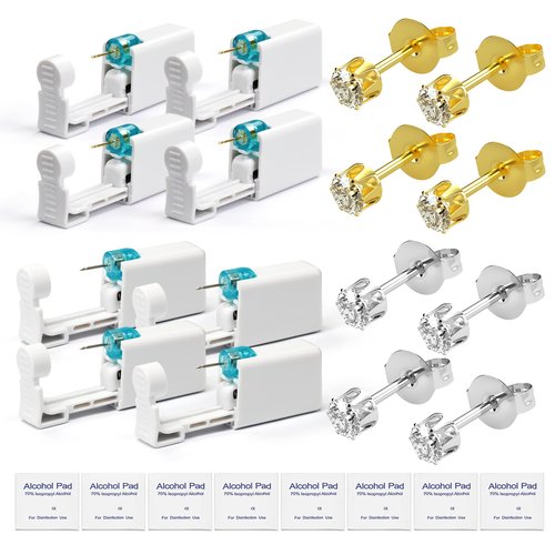 YINPAD Ear Piercing Kit, Disposable Piercing Gun Preloaded with Different Style Studs, at Home Self Piercer Kit (4 golden 4 silvery, Crown White)