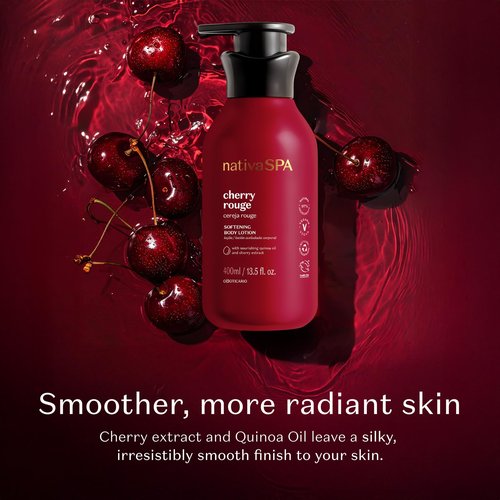 O Boticário Nativa SPA Cherry Rouge Velvety Body Lotion, Bold Oriental Amber Fragrance with Cherry Extract & Quinoa Oil, Collagen Boosting Hydration, 13.5 Ounce (400ml)