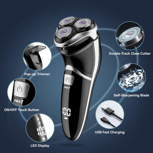 MAX-T Men's Electric Shaver - Corded and Cordless Rechargeable 3D Rotary Shaver Razor for Men with Pop-up Sideburn Trimmer Wet and Dry Painless 100-240V Black (Metal Black)
