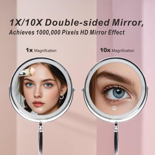Makeup Mirror with Lights ，8 Inch 1X/10X Rechargeable Double Sided Magnifying , 360° Rotation LED HD Mirror with 3 Colors，Brightness Adjustable, Ideal for Daily Skincare and Professional Makeup