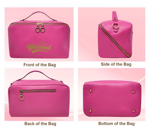 BLESSED Travel Makeup Bag for Women - Large Capacity Cosmetic Organizer, Waterproof Portable Leather Toiletry Pouch with Divider and Handle - Ideal Make up Bag, Toiletry Organizer(Pink)