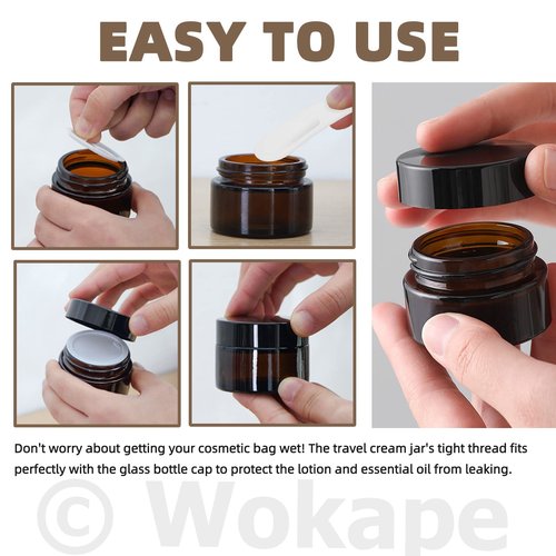 Wokape 20Pcs 5ml Round Glass Jars with Liner Lids Spoons, 0.17oz Amber Refillable Cosmetic Storage Jars for Cream Lotion Liquid Powder
