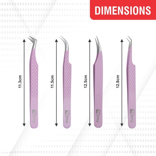 Jimy 4 Piece Set Lash Tweezers for Eyelash Extensions, Anti-Slip Diamond Grip for Professionals, Straight and Curved Precision Fiber Tips Stainless Steel, Multipurpose Eyelash Tweezers