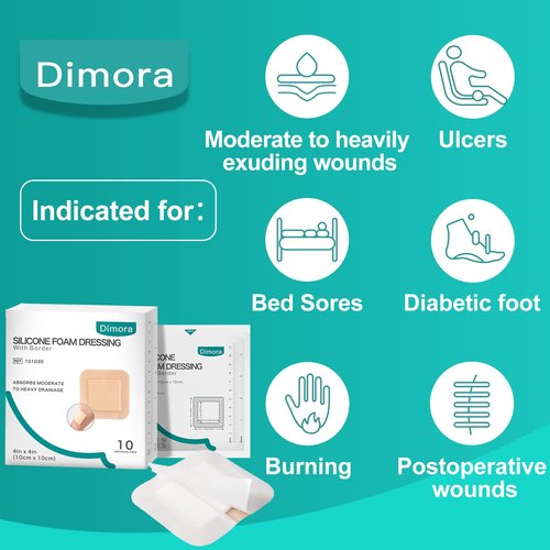 Silicone Foam Dressing with Border 4"x4" 10 Pack & Dimora 2 Packs 6oz 170g Hydrogel Wound Dressing Skin Repair Gel