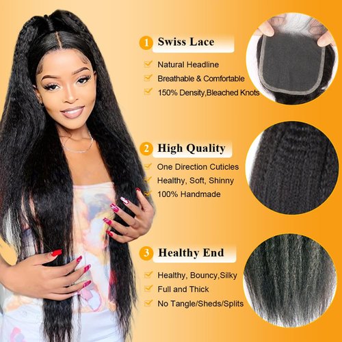 QTHAIR 16A Kinky Straight Lace Closure (14inch) 4x4 Free Part 150% Density Top Swiss Lace Natural Straight Human Hair Closure with Baby Hair