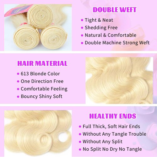VICYAO 613 Bundles Human Hair 20 Inch Blonde Bundles Human Hair 100% Unprocessed 12A Grade Brazilian Virgin Raw Weave Bundles Human hair 1 Bundles Blonde Body Wave Human Hair Extensions for Women