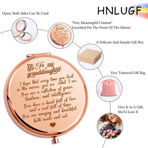 HNLUGF to My Granddaughter - You're Amazing and Beautiful - Pocket Mirror, Granddaughter Engraved Compact Mirror, Family First Mirror Encouragement Gifts from Grandparents (Rose Gold-B)