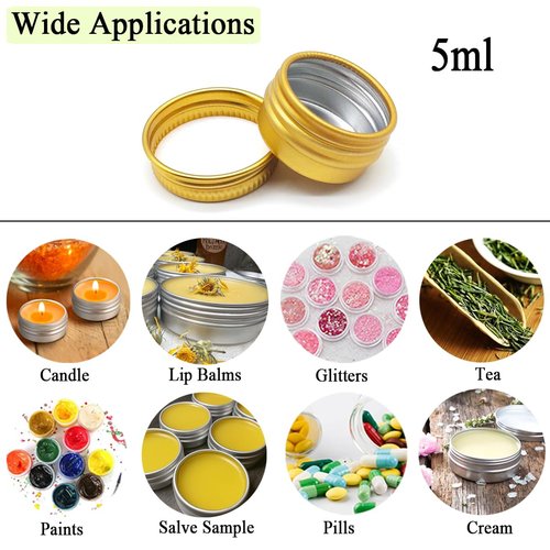 Wopanxye 30 pack 5ml Lip Balm Tin Cans, 5g Mini Aluminum Makeup Sample Containers with Screw Lid, Empty Metal Tins Pot Storage Travel Jars for Cosmetic Cream Candle Tea, 5 Gram Small Tins, Gold Color