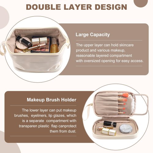 DOJUNS Cosmetic Travel Bag, Double Layer Large Makeup Organizer Leather Waterproof Toiletry Bag for Women Girls (White)