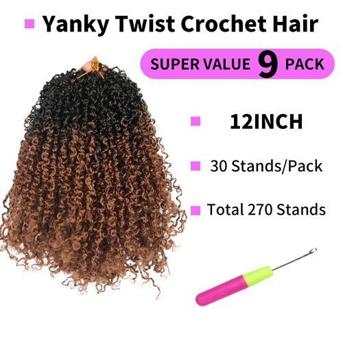 12 Inch Yanky Twist Crochet Hair 9 Packs (270 Strands Total) Pre-looped Yankee Twist Hair Crochet Braids for Women,Senegalese Twists Crochet Hair with Curly Ends Synthetic Crochet Braids (OT1B/30)