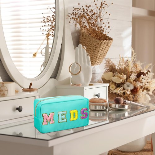 Geetery Chenille Letter Bag Nylon Makeup Bag Portable Bag Makeup Cases Preppy Patch Makeup Bag with Zipper Cosmetic Toiletry Storage Bag for Women(Green,Hidden MEDS)