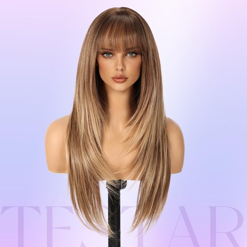 testar Long Brown Straight Wigs With Bangs Long Ombre Brown Blonde Synthetic Wigs for White Women Daily Use 26IN