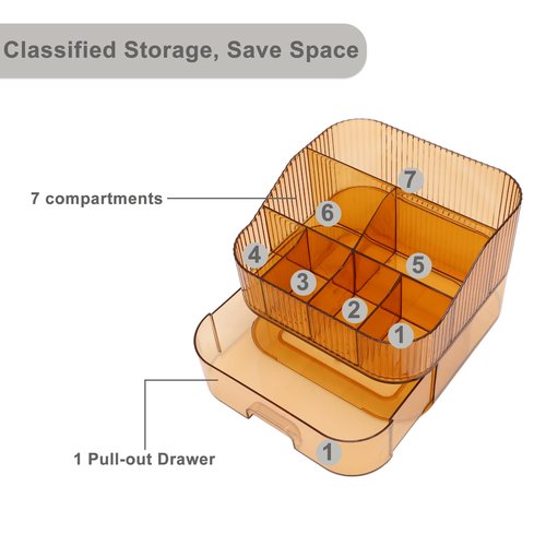VOCOSTE 1 Set Makeup Organizer with Stackable Drawer, 7 Grids Makeup Organizer for Countertop Vanity, Skincare Organizers Cosmetic Display Cases, Amber Orange
