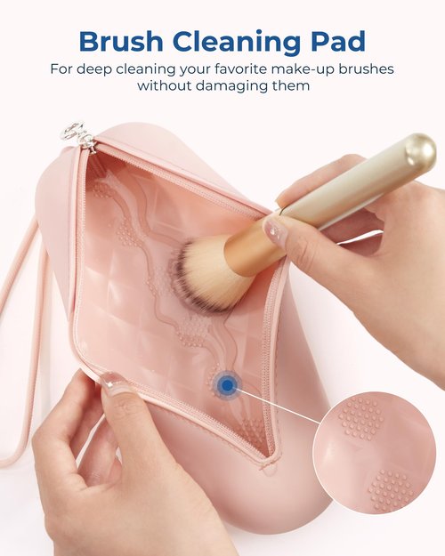BAGSMART Makeup Brush Holder Bag, Travel Small Makeup Bag for Purse, Make Up Brush Bag Case Cosmetic Bag, Silicone Soft Portable Face Brushes Travel Essentials Organizer Holder, Pink