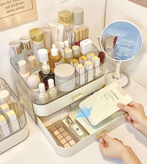 Makeup Organizer for Vanity, Stackable Cosmetics Organizer with Drawers, Countertop Storage for Makeup Palettes, Skincare, Beauty Supplies, Great for Vanity, Bathroom, Cabinet, Dresser Desk. Cream