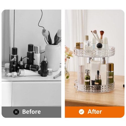 Xonusin 360° Rotating Makeup Organizer, 2 Tier Large Perfume Organizers with Portable Handle for Vanity Bathroom Countertop, Bathroom Counter Organizer for Cosmetics Skincare Perfume