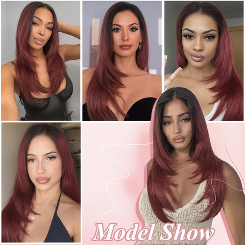 13x6 HD Lace Front Wigs for Women, Synthetic Wigs Wear and Go Glueless Wig with Baby Hair, Pre Plucked Layered Long Straight Wig, Heat Resistant (#OMBUG Burgundy)