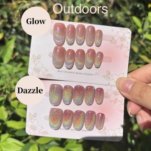 Hanakoko Press on Nails Handmade Nails 3D Press on Nails Short Medium Oval Almond Nails Fake Nails Glitter Cat Eye Nails Gel Nails Durable Reusable False Nails 10 Pcs (Dream Dazzle, M)