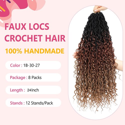 8 Packs Boho Faux Locs Crochet Hair 24 Inch Crochet Soft Locs with Curly Ends Pre-looped Goddess Locs Crochet Hair for Black Women 1B/30/27 Boho River Locs Crochet Hair