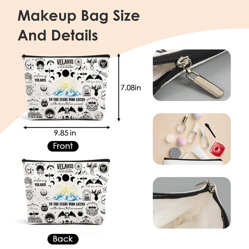 VeloKomo ACOTAR Gifts Makeup Bag - Reusable Organizer Bags Fantasy Birthday Gift for Girls Women Bookish Friend Novel Lover Fan Merch Cosmetic Pouch With Zipper Goth Night Moon Star Starry Print Case