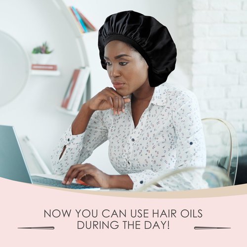 Only Reusable Oil Proof Nightcap, Protective Hair Bonnet and Shower Cap Too. Leakproof, Oilproof, and Waterproof. Larger Area to Accommodate Long Hair, Comfort Elastic Band (Medium to Large) Black