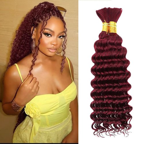 Human Braiding Hair for Boho Braids 16 Inch 110g 2 Bundles/Pack Deep Wave 12A Curly Brazilian Virgin Hair Extensions No Weft Knotless Bulk 1B Black (Deep Wave - 99j, 16 Inch - 110g)
