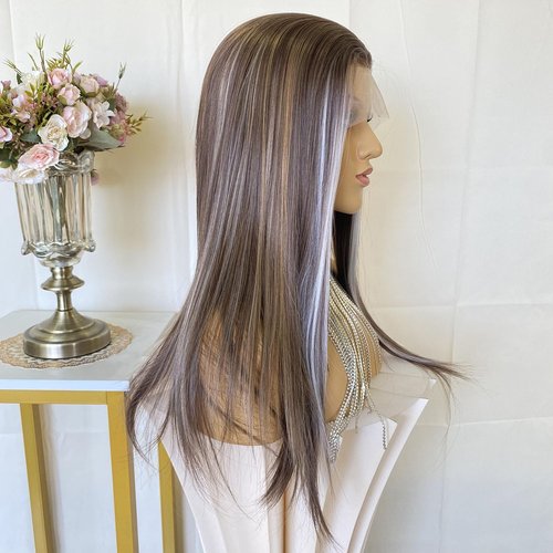 CIMITIKI Ash Brown Wigs Mixed Platinum Color Highlight Silk Straight 13x4 Lace Front Wig Synthetic Fiber 18Inch Pre Plucked Hairline for Women