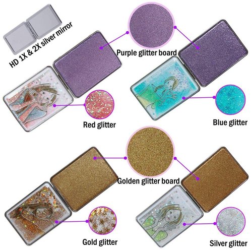 Beaufy Small Magnifying Makeup Compact Mirror Set Folding Portable Handheld Mini Rectangle Pocket Purse Mirrors Bulk with 1x/2x Magnification Floating Glitters - Gift for Women Girl Pack of 4
