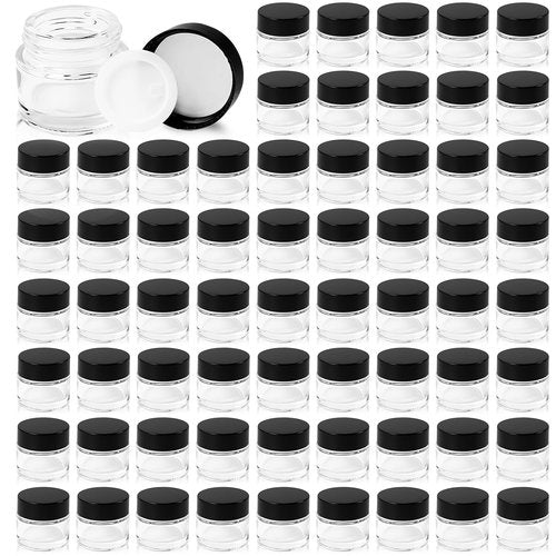 Seuqhck 70 Pack 10ml Small Clear Jars with Black Lids, Empty Glass Cosmetic Containers with Liners Round Bulk Airtight Cream Bottle for Beauty Product Samples, Travel, Storing Lotions, Essences