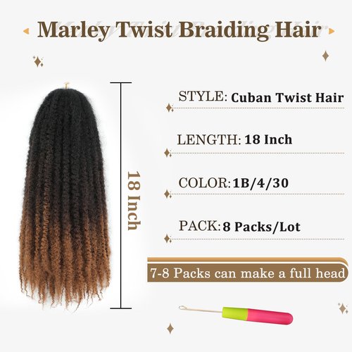 Marley Twist Braiding Hair 18 Inch Marley Hair Ombre Cuban Twist Hair 8 Packs Afro Kinky Curly Twist Crochet Hair Long Marley Twist Hair Extension (18 Inch, 1B/4/30)