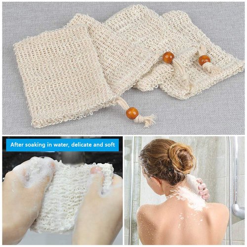 BUYGOO 60 Pack Soap Exfoliating Bag, Natural Soap Saver Hand Made Sisal Mesh Soap Bag Bar Soap Bag with Drawstring for Bath & Shower Use