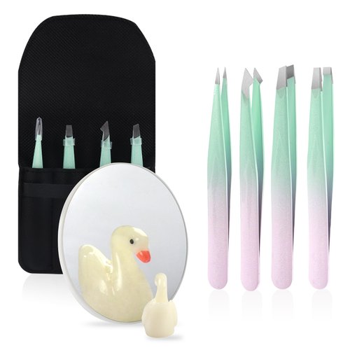 WangSelect Tweezers and 10X Magnifying Mirror Kit with Travel Leather Case, Eyebrow Tweezer Set for Women & Men, Great Precision for Facial Hair, Splinter and Ingrown Hair Removal - Starry Green