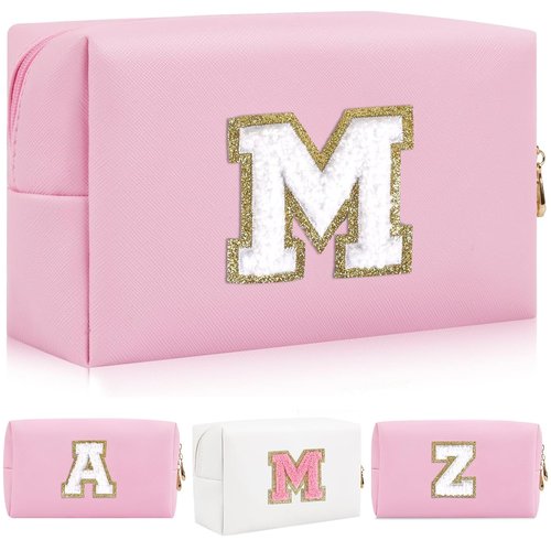 ONEDIGI Preppy Makeup Bag, Personalized Initial Letter Patch Makeup Bag, Large Capacity Cosmetic Bags for Women, Cute PU Leather Waterproof Travel Toiletry Bag for Teen Girls (Letter M,Pink)
