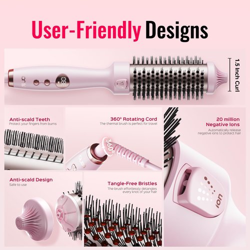 Thermal Brush,Lena All-in-1 with 1.5 inch Titanium Barrel-Infrared&Negative Ion Technology,Smooth,Frizz-Free Styling Tool,5 Heat Settings,LED Display,Easy to Use,Pink