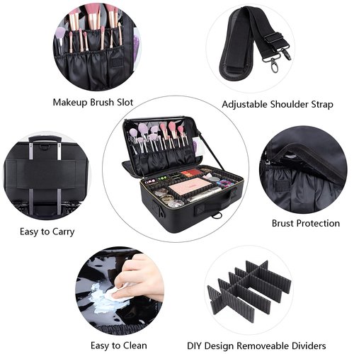 JOURMON Travel Makeup Train Case,Large Capacity Cosmetic Bags for Women,Portable Makeup Bag Organizer with Adjustable Dividers & Shoulder Strap(Black, L)