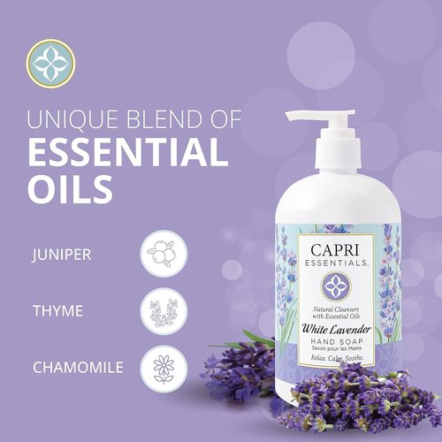 CAPRI ESSENTIALS Hand Soap Liquid, Natural Household Cleaning Supplies, Gentle Plant Based Aromatic Hand Wash, Blend of Essential Oils, Removes Dirt & Grime, White Lavender Scent, 16 FL Oz (3 Pack)