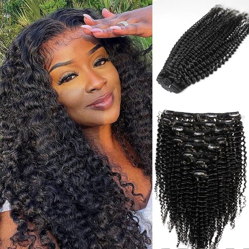 KRN Clip in Real Human Hair, 136g 8pcs Natural Black Hair Extensions Clip ins for Black Women Full And Thick Kinky Curly Clip in Human Hair Extensions 20 Clips Easy to Wear 14 Inch