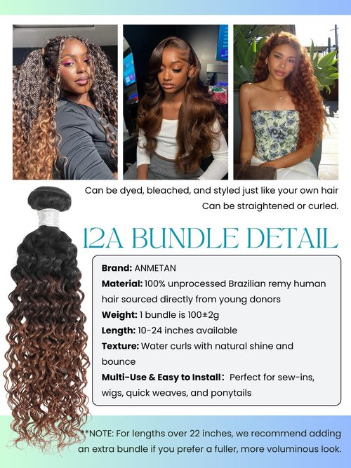 Anmetan 12A Ombre Human Hair Bundles Water Wave, Chestnut Ombre Brown 100% Remy Human Hair Curly Single Bundle Wet and Wavy Thick 3 Tone Colored #T1B/2/30 Dark Roots Keep Soft After Washes 12 Inch