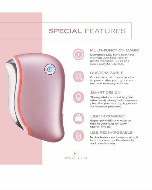 YOUTHLUX ProSculpt Heated Gua Sha Facial Massager – Electric Guasha Tool for Face Sculpting, Relaxation & Skincare | Soothing Vibration Facial Massage Tool with Contoured Design (Rose Gold)