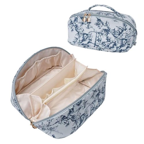 ETTP Large Capacity Cosmetic Bag for Women, Waterproof PU Leather Makeup Bag for Travel,Toiletry Bag Make up Organizer with Divider and Handle (Blue)