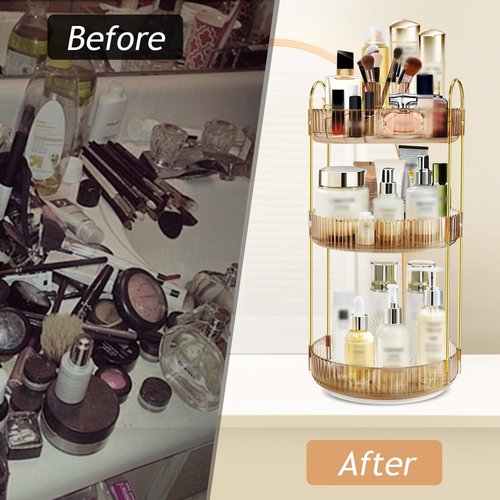 Fzebys 360 Rotating Makeup Organizer for Vanity,3 Tier Large Capacity Skincare Organizers,Bathroom Counter Organizer, transparent Spinning Perfume Organizer & Vanity Organizer (Gold-3 Tier)