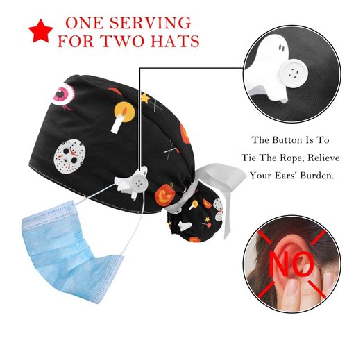 Adjustable Scrub Bouffant Caps, 2 Packs Candle Skull Ghost Halloween Working Hat Hair Cover with Ponytail Pouch, Soft Surgical Nurse Cap